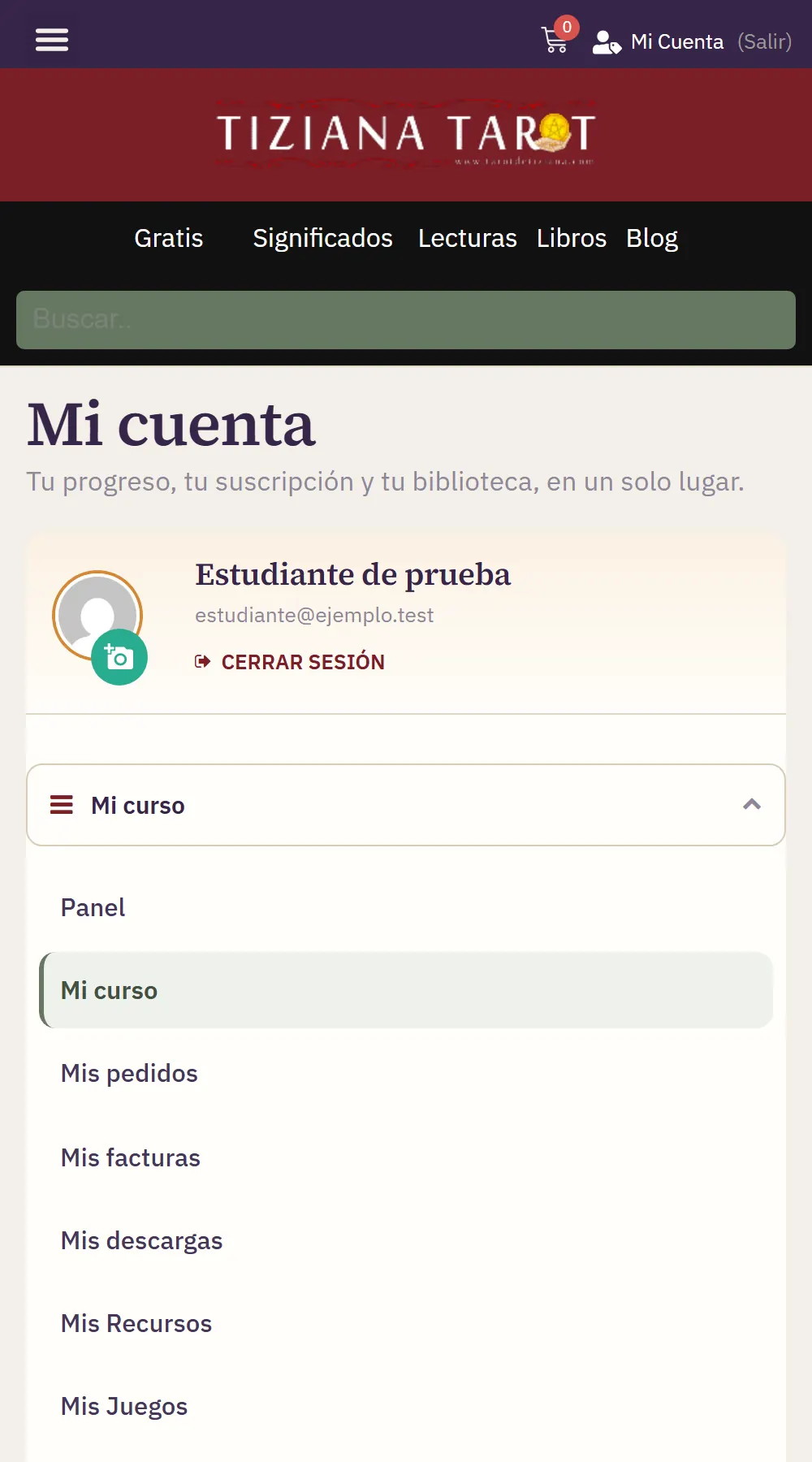 Ayuda del curso 2 El menú del Panel abierto en el móvil, con las opciones Panel, Mi curso, Mis pedidos, Mis facturas y otras.