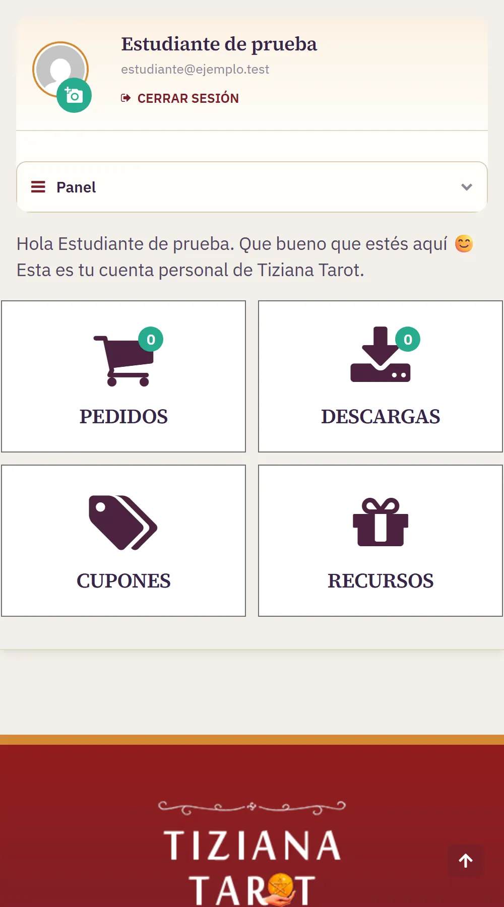 Ayuda del curso 1 El Panel de Mi Cuenta en el móvil, con el botón «Panel» que abre el menú.