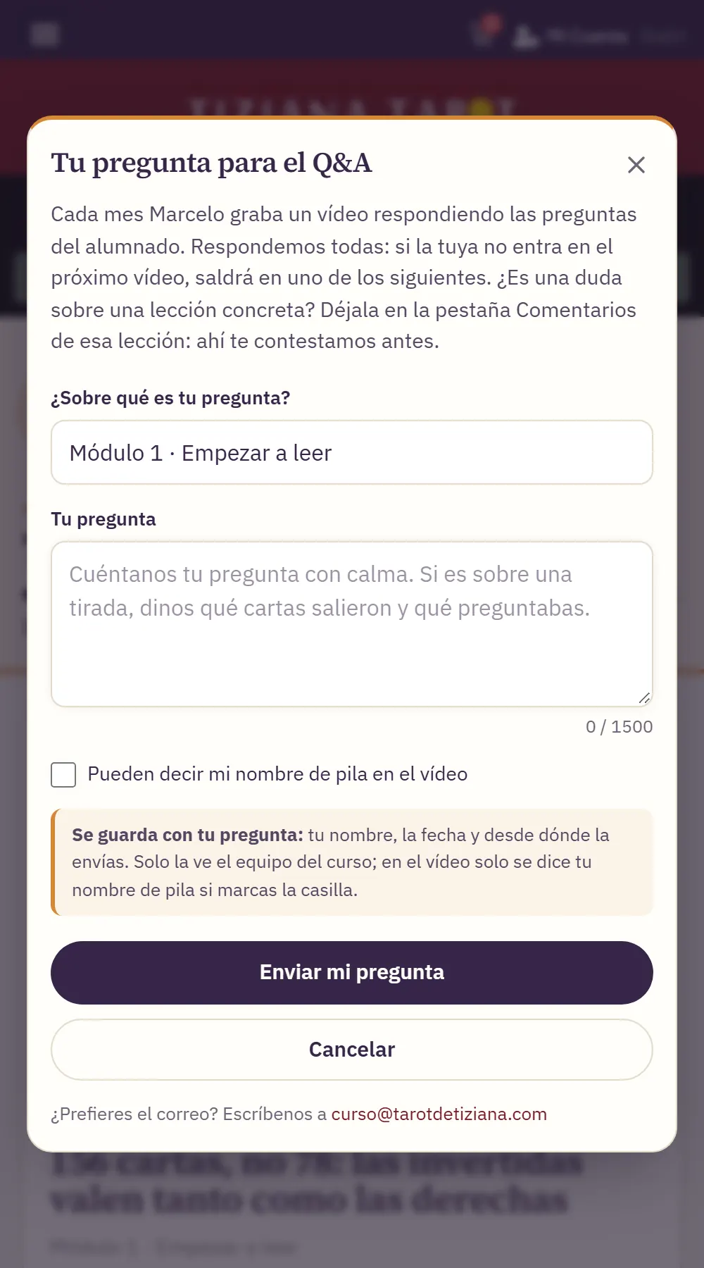 Ayuda del curso 16 Ventana «Tu pregunta para el Q&A»: tema, campo de la pregunta, casilla del nombre de pila y botón «Enviar mi pregunta».